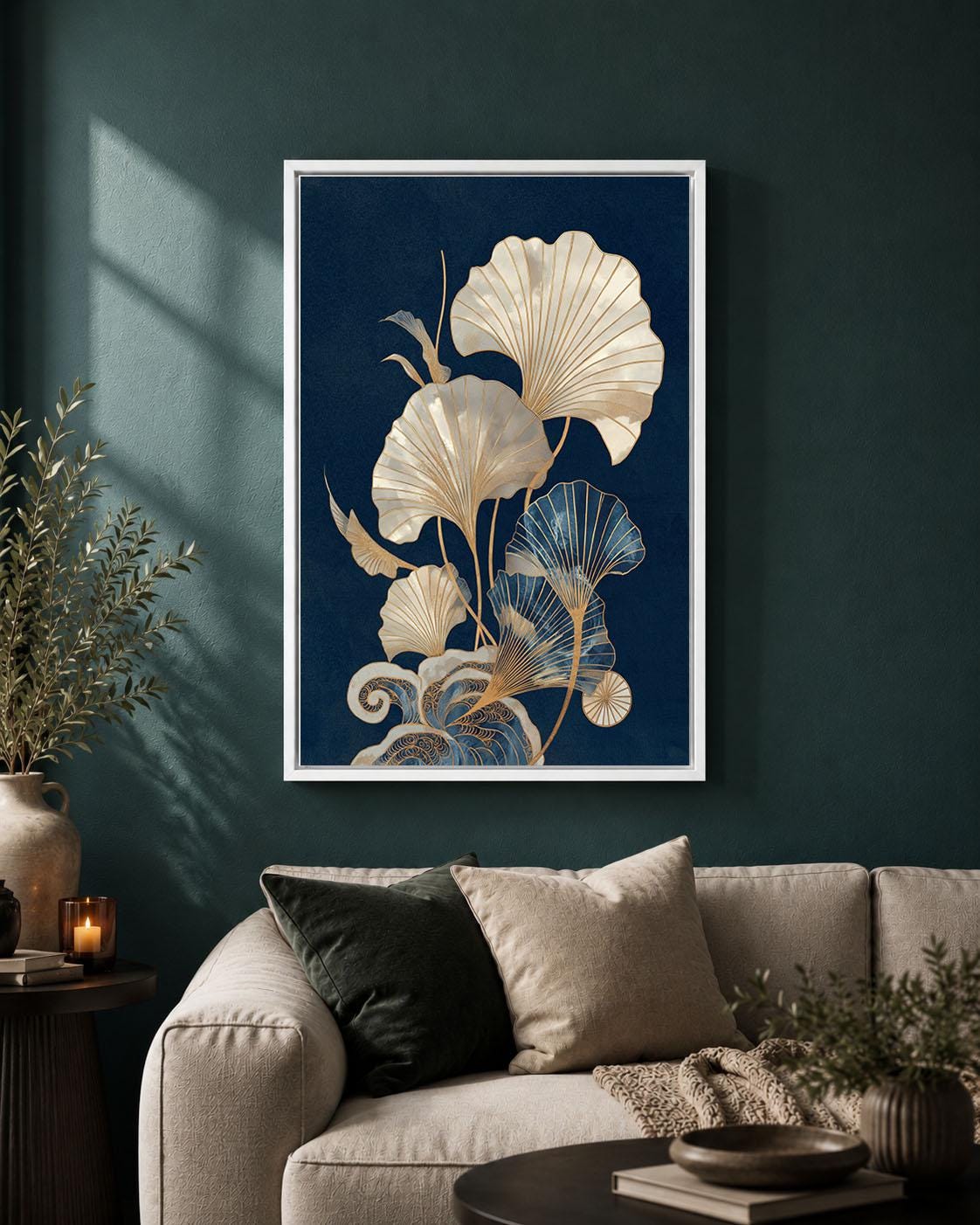 Japanese Ginkgo Navy Blue & Gold Botanical Art Deco Inspired Leaf Framed Canvas