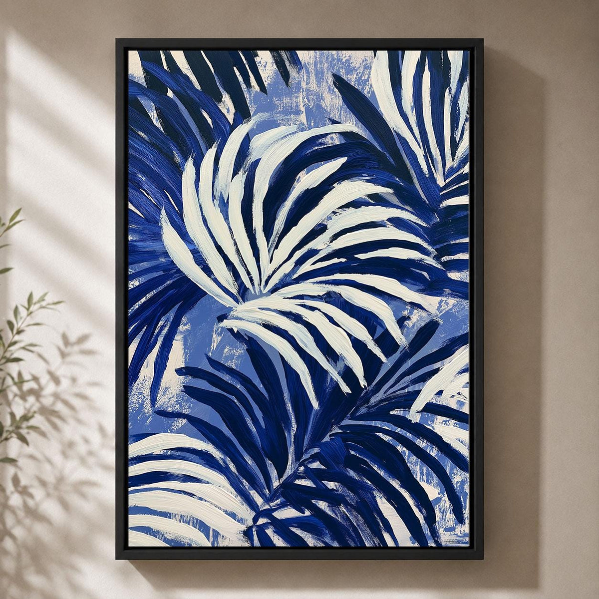 Blue Palm Leaf Navy Tropical Abstract Coastal Framed Canvas