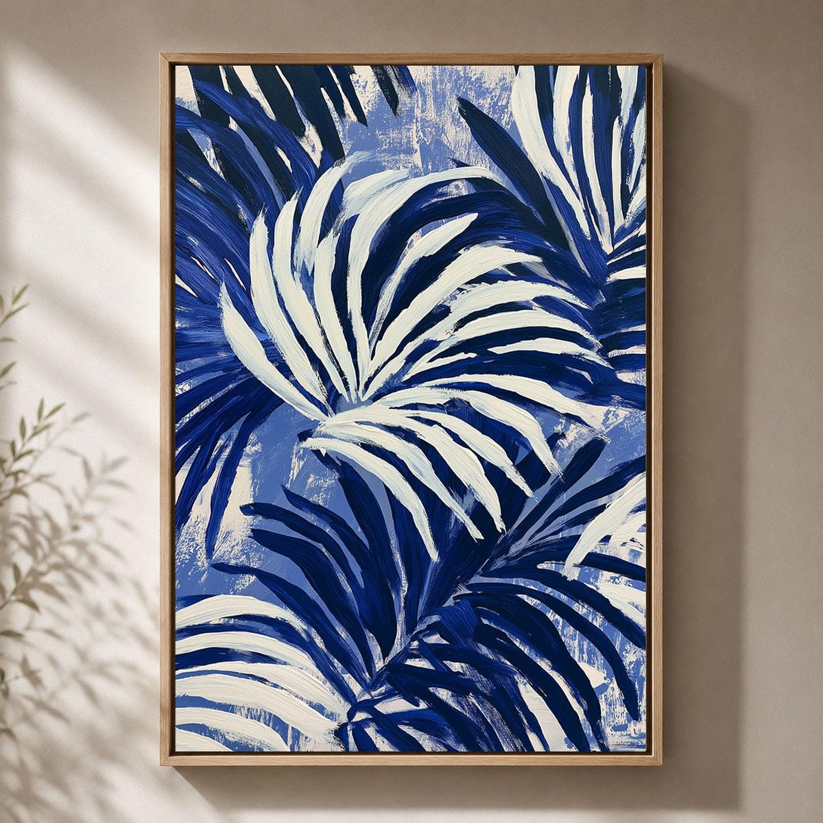 Blue Palm Leaf Navy Tropical Abstract Coastal Framed Canvas