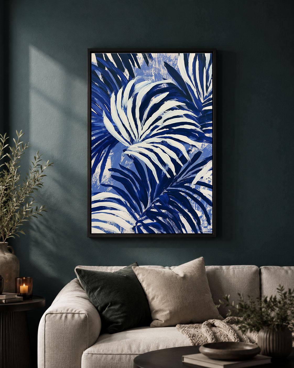 Blue Palm Leaf Navy Tropical Abstract Coastal Framed Canvas