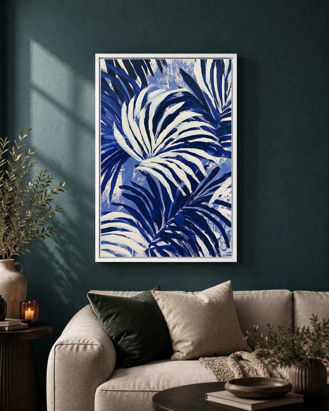 Blue Palm Leaf Navy Tropical Abstract Coastal Framed Canvas