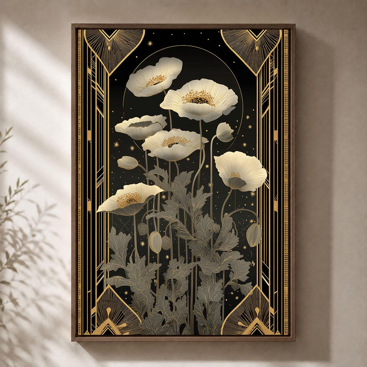 Art Deco Poppy Framed Canvas, Black Gold Floral Wall Art, Elegant Wildflower Print, Botanical Bedroom Decor, Glamour Wall Art