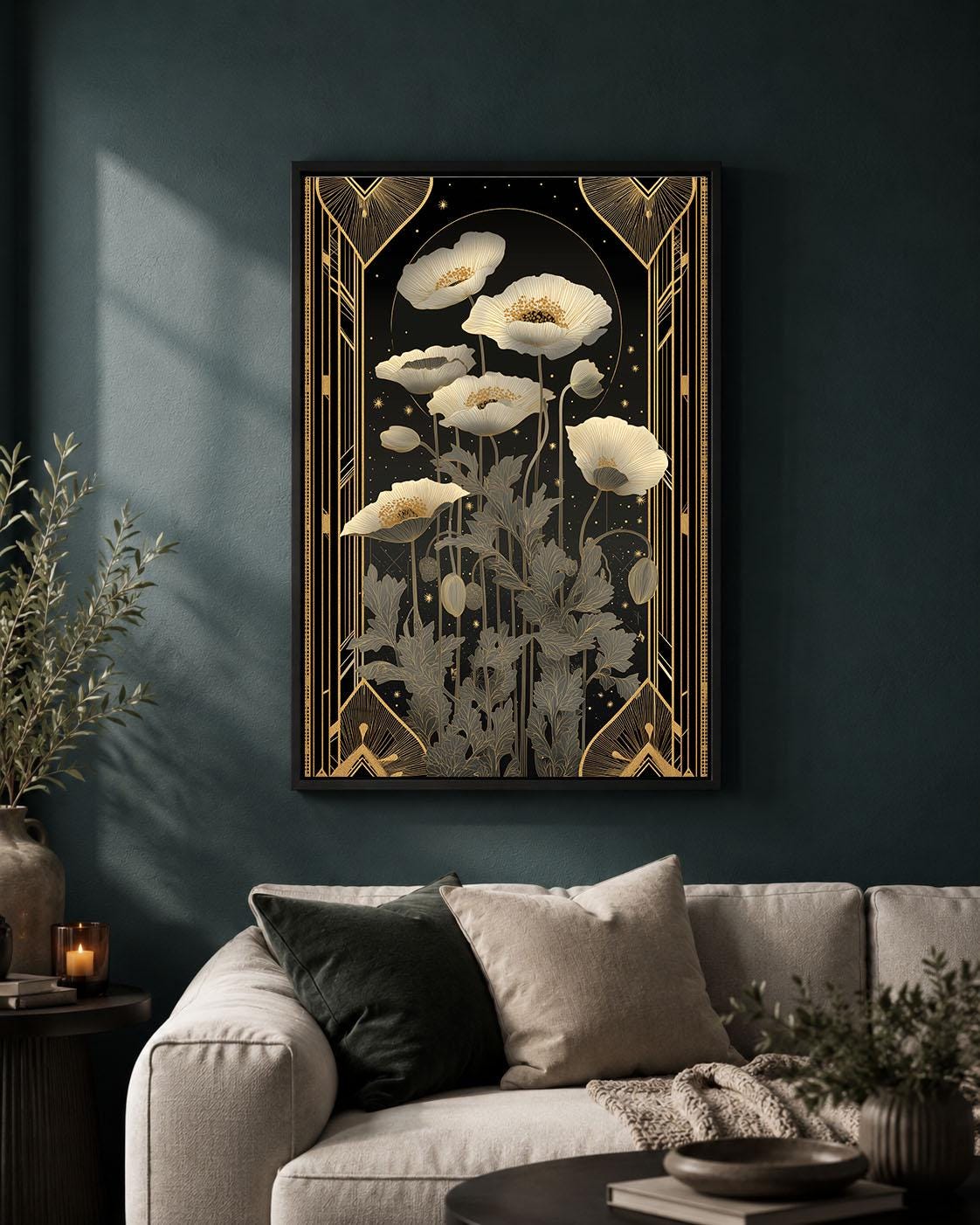 Art Deco Poppy Framed Canvas, Black Gold Floral Wall Art, Elegant Wildflower Print, Botanical Bedroom Decor, Glamour Wall Art