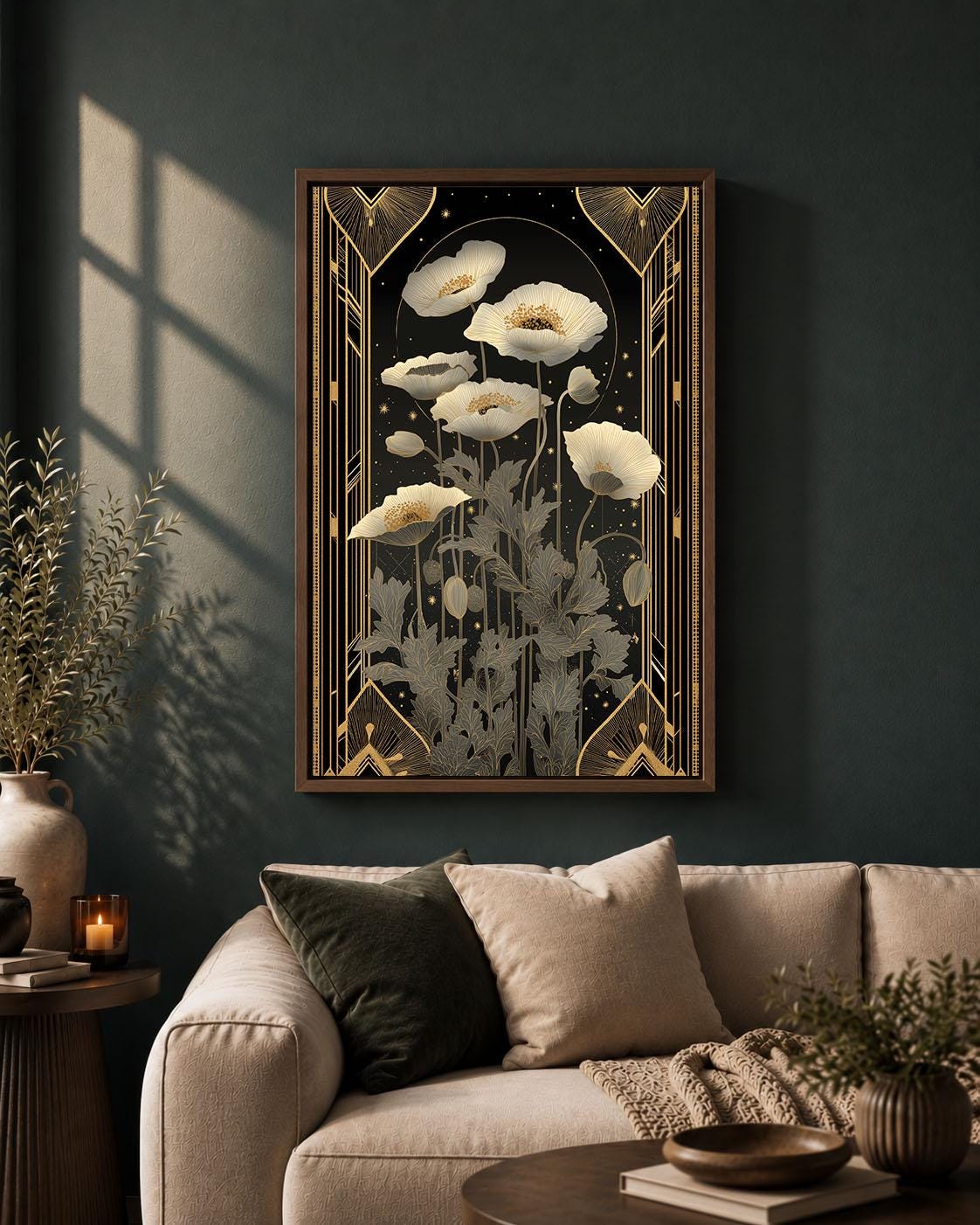 Art Deco Poppy Framed Canvas, Black Gold Floral Wall Art, Elegant Wildflower Print, Botanical Bedroom Decor, Glamour Wall Art