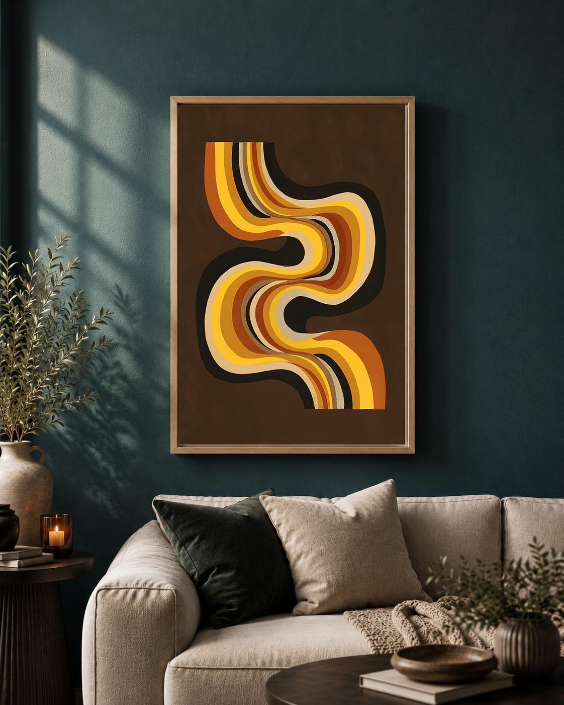 Retro Abstract Framed Canvas, Brown Orange Geometric Wall Art, Mid Century Modern Curved Line Artwork, 70s Home Decor