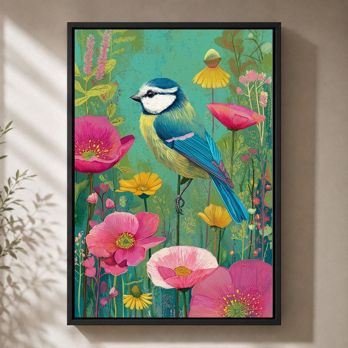 Blue Tit Framed Canvas, Colourful British Bird Wall Art, Floral Garden Wildlife Artwork, Pink Botanical Maximalist Decor