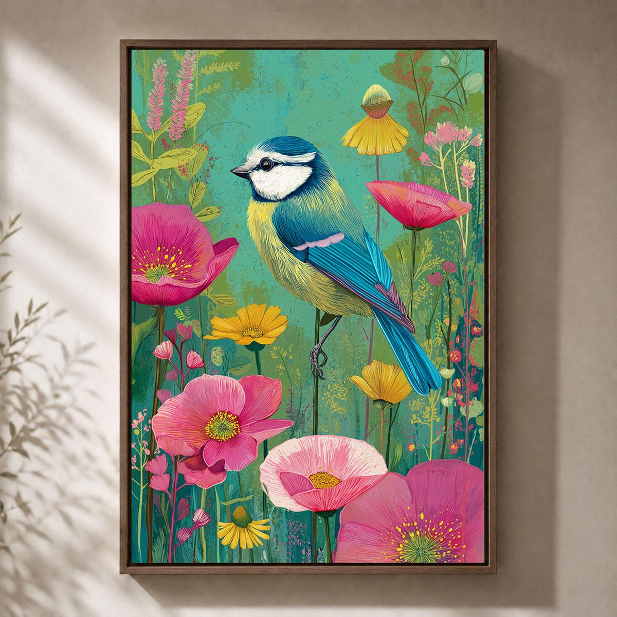 Blue Tit Framed Canvas, Colourful British Bird Wall Art, Floral Garden Wildlife Artwork, Pink Botanical Maximalist Decor
