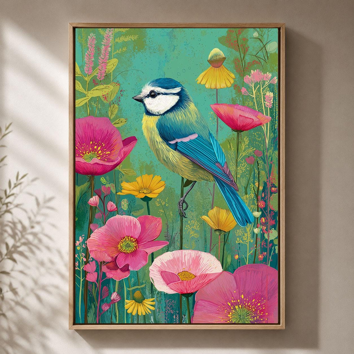 Blue Tit Framed Canvas, Colourful British Bird Wall Art, Floral Garden Wildlife Artwork, Pink Botanical Maximalist Decor