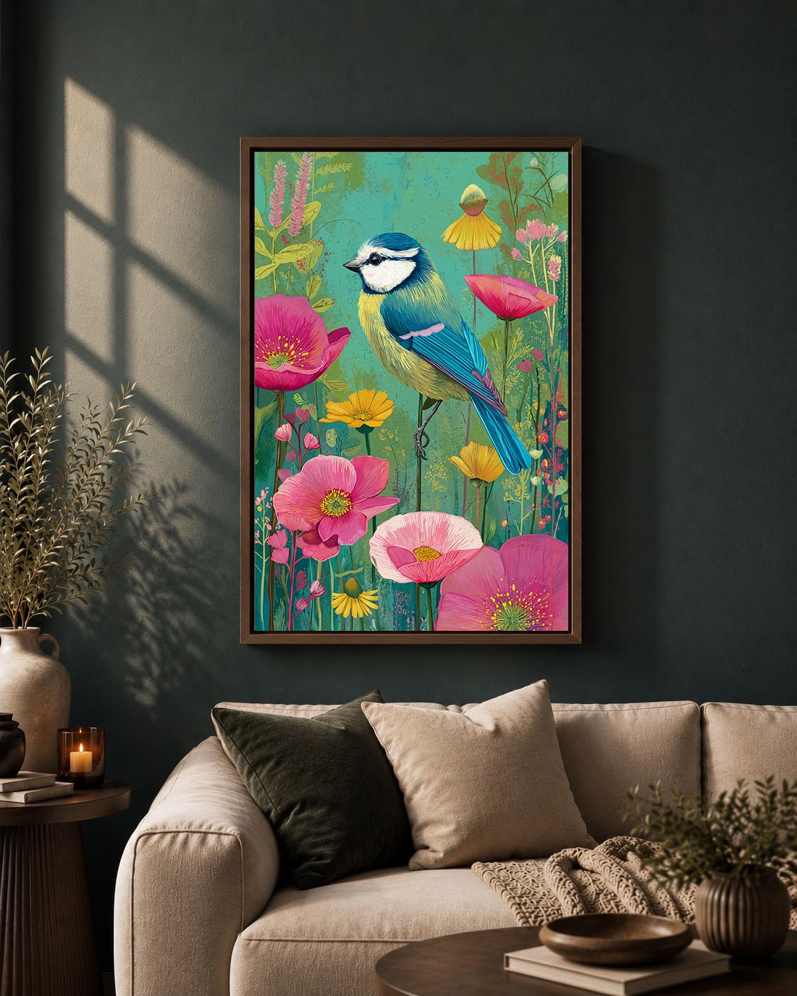 Blue Tit Framed Canvas, Colourful British Bird Wall Art, Floral Garden Wildlife Artwork, Pink Botanical Maximalist Decor