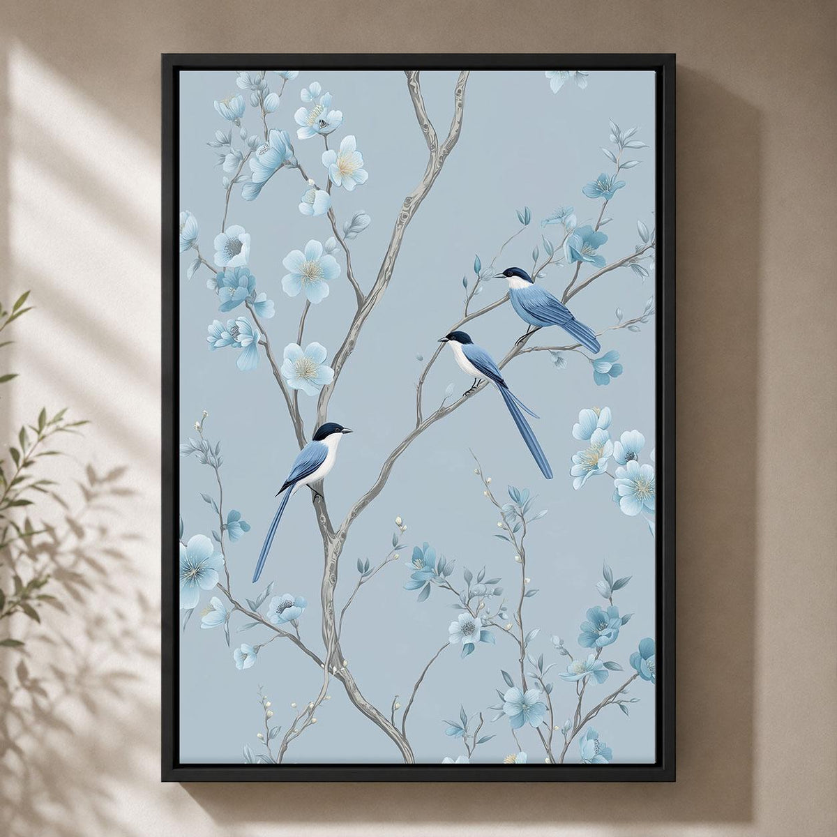 Blue Chinoiserie Framed Canvas, Floral Bird Wall Art, Elegant Blossom Botanical Artwork, Pale Blue Oriental Home Decor