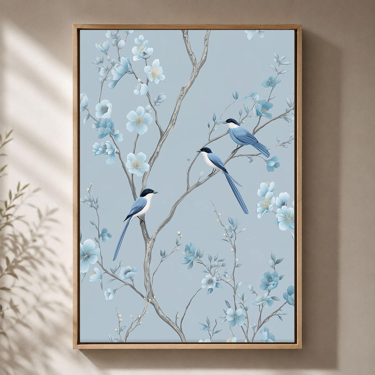 Blue Chinoiserie Framed Canvas, Floral Bird Wall Art, Elegant Blossom Botanical Artwork, Pale Blue Oriental Home Decor