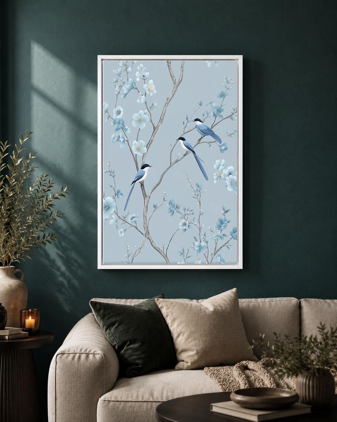 Blue Chinoiserie Framed Canvas, Floral Bird Wall Art, Elegant Blossom Botanical Artwork, Pale Blue Oriental Home Decor