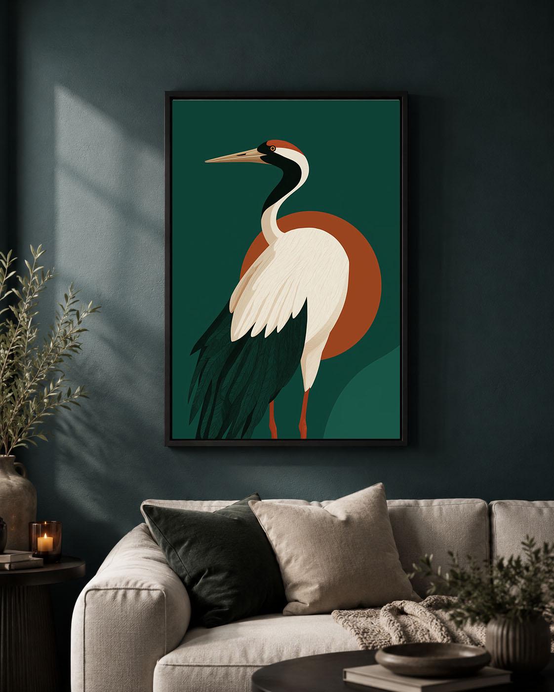 Crane Framed Canvas, Mid Century Modern Bird Wall Art, Green and Rust Wildlife Artwork, Retro Nature-Inspired Home Decor