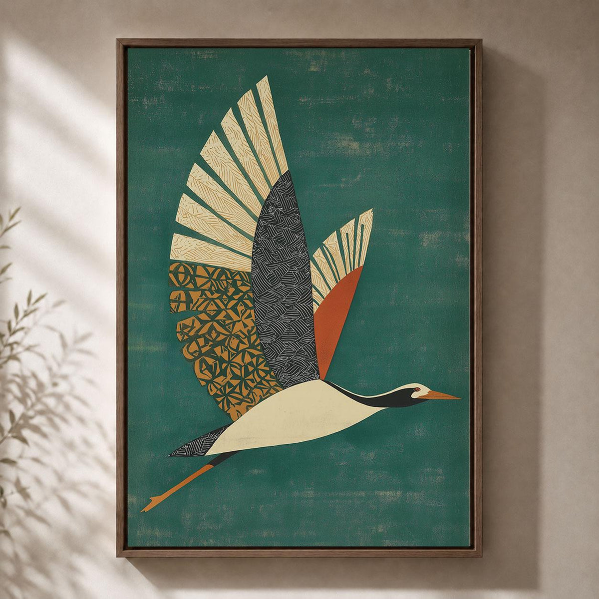 Flying Crane Framed Canvas, Mid Century Modern Bird Wall Art, Green Geometric Wildlife Artwork, Retro Nature Home Decor