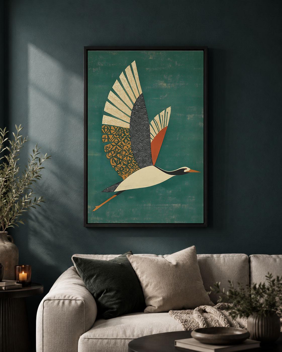 Flying Crane Framed Canvas, Mid Century Modern Bird Wall Art, Green Geometric Wildlife Artwork, Retro Nature Home Decor