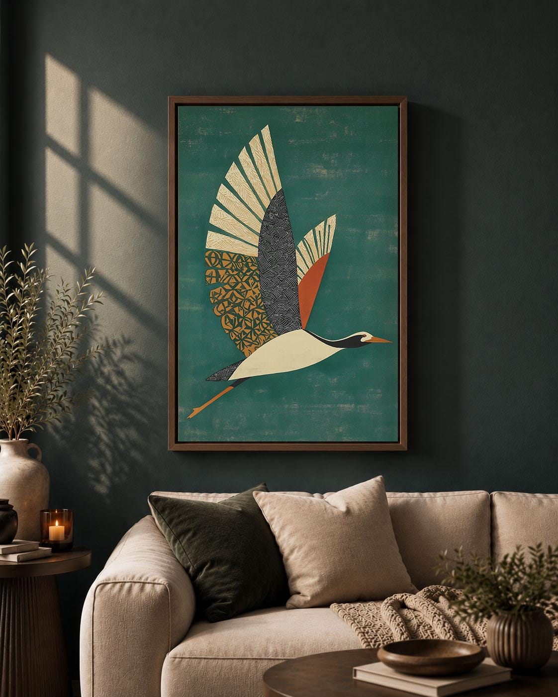 Flying Crane Framed Canvas, Mid Century Modern Bird Wall Art, Green Geometric Wildlife Artwork, Retro Nature Home Decor