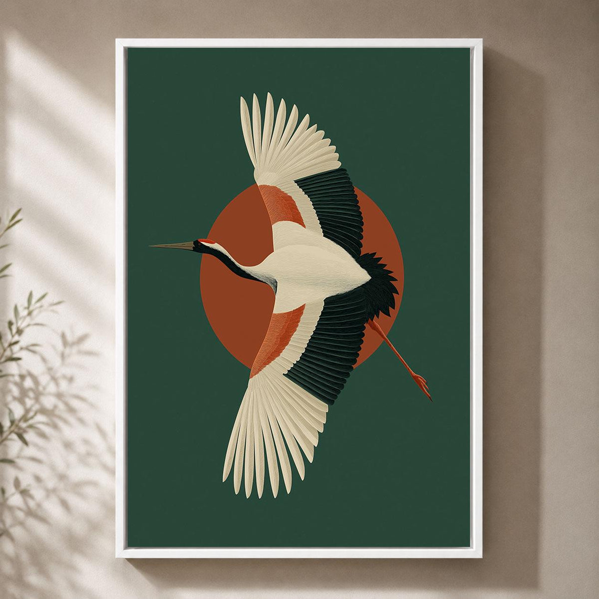 Crane Framed Canvas, Mid Century Modern Bird Wall Art, Green and Rust Wildlife Artwork, Retro Nature-Inspired Home Decor