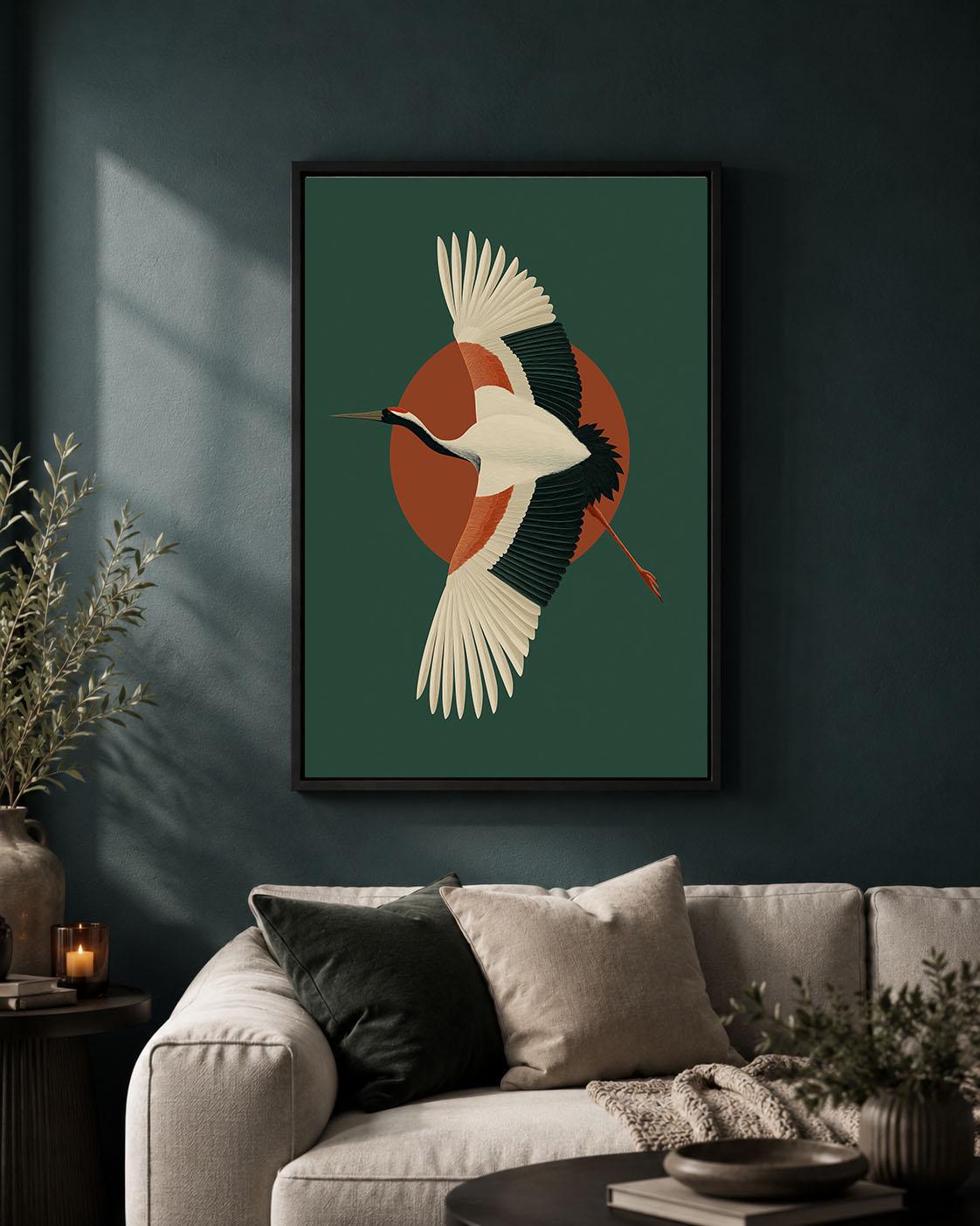 Crane Framed Canvas, Mid Century Modern Bird Wall Art, Green and Rust Wildlife Artwork, Retro Nature-Inspired Home Decor