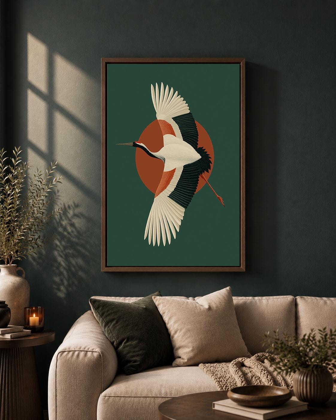 Crane Framed Canvas, Mid Century Modern Bird Wall Art, Green and Rust Wildlife Artwork, Retro Nature-Inspired Home Decor