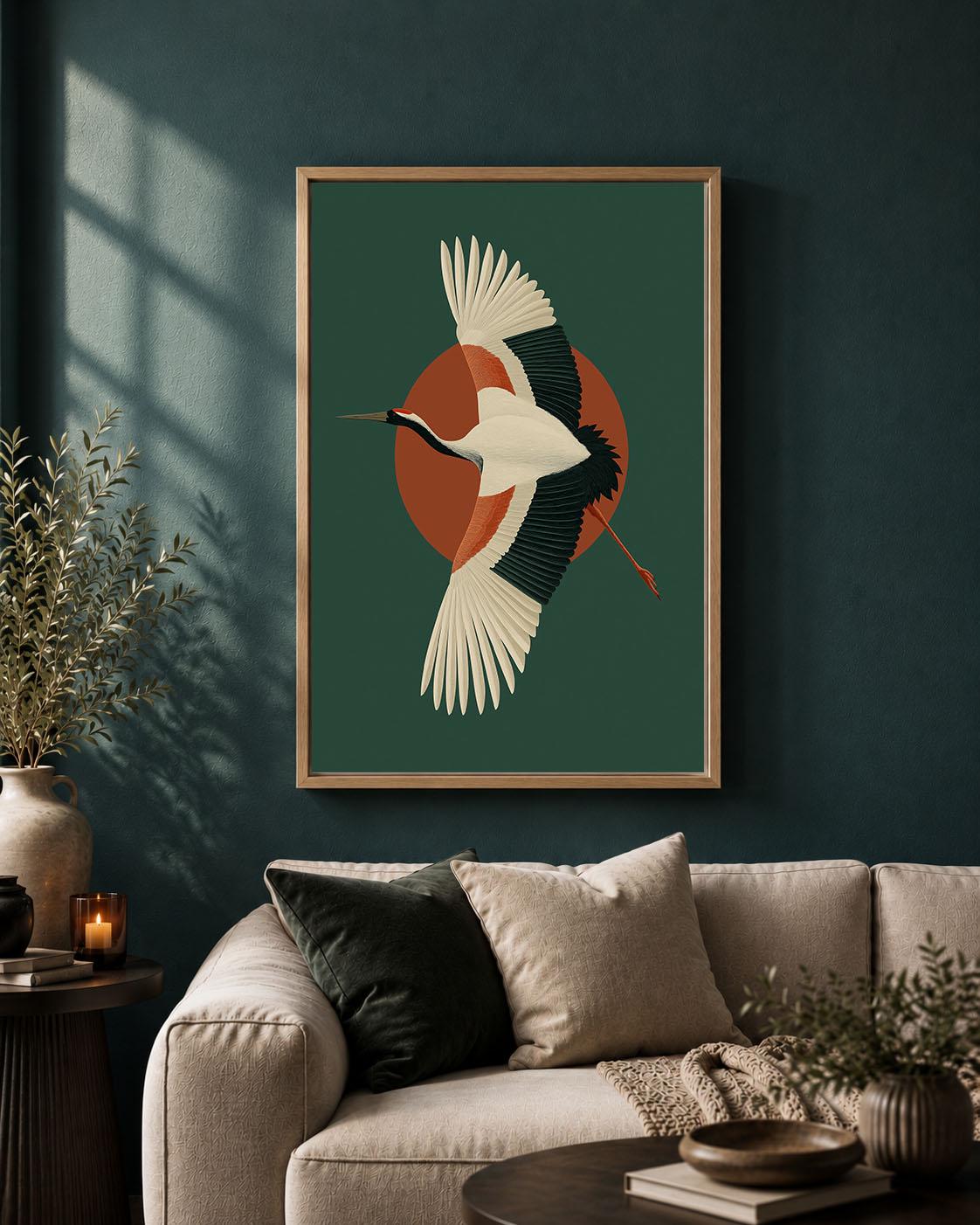 Crane Framed Canvas, Mid Century Modern Bird Wall Art, Green and Rust Wildlife Artwork, Retro Nature-Inspired Home Decor