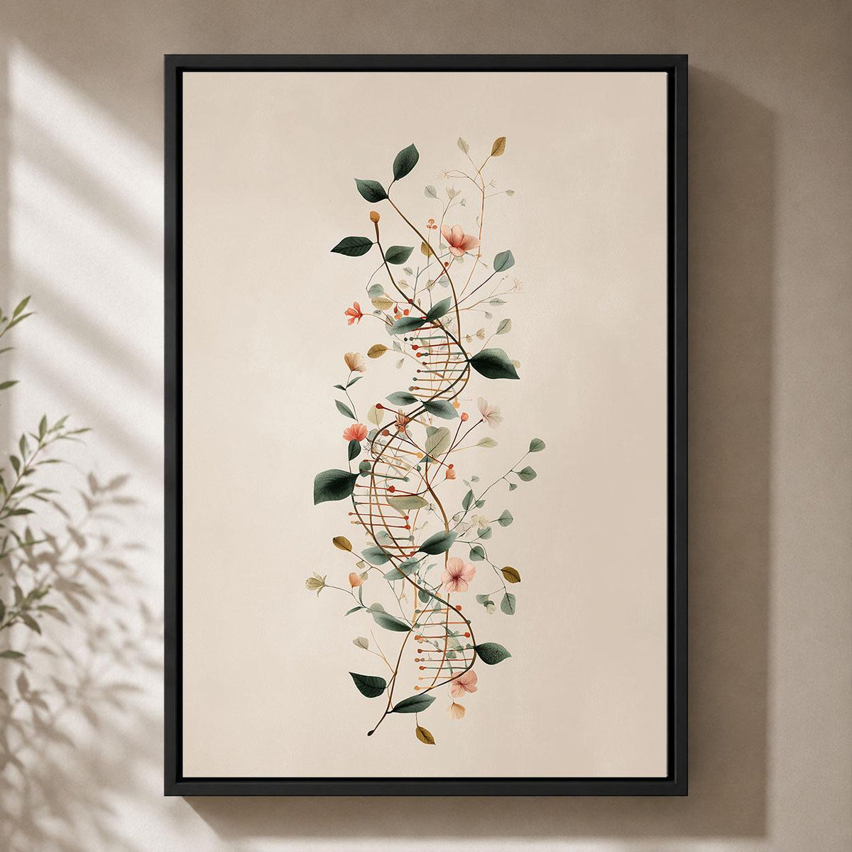 Floral DNA Framed Canvas, Genetics Science Wall Art, Botanical Double Helix Artwork, Biology Laboratory Decor, Geneticist Gift