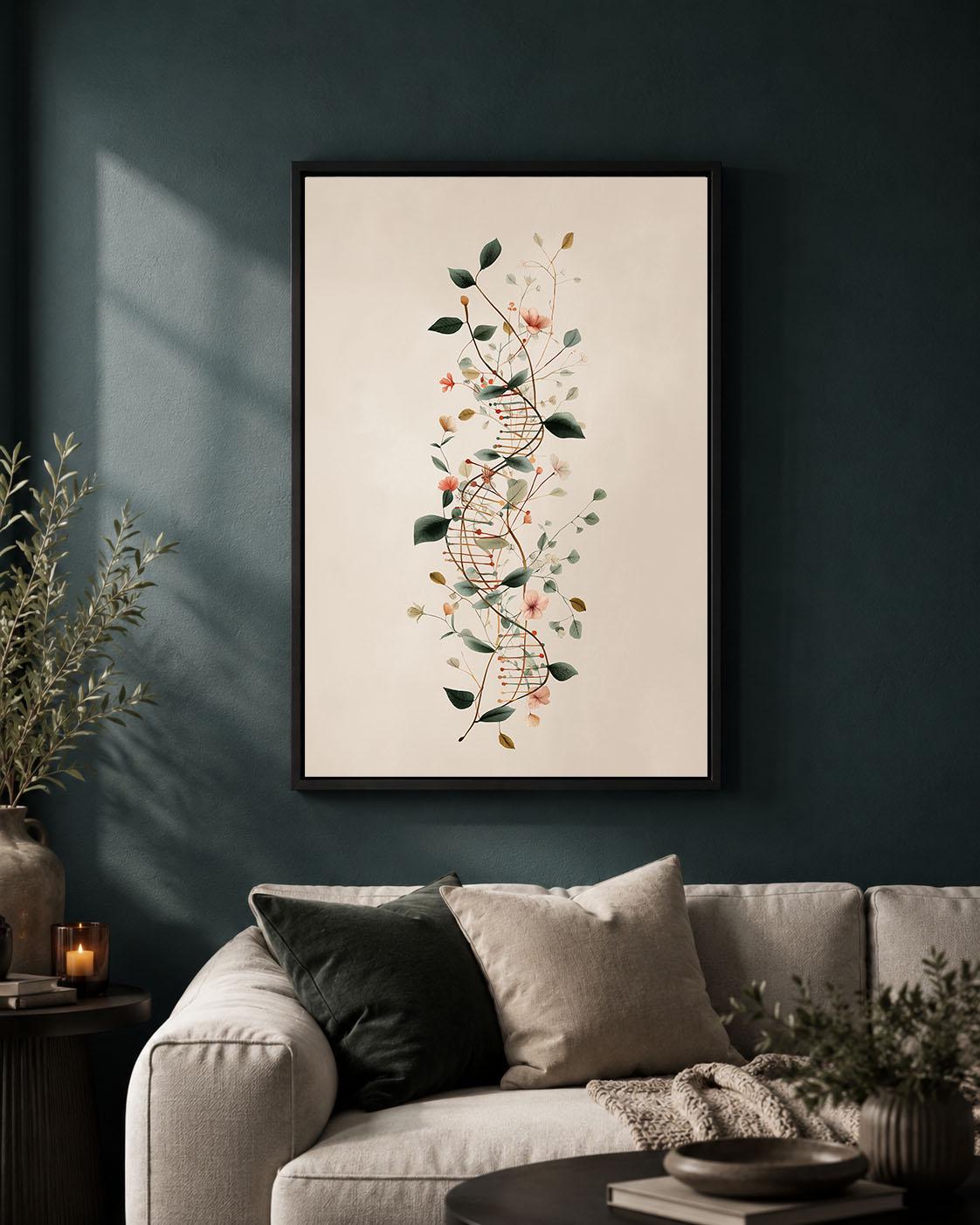 Floral DNA Framed Canvas, Genetics Science Wall Art, Botanical Double Helix Artwork, Biology Laboratory Decor, Geneticist Gift