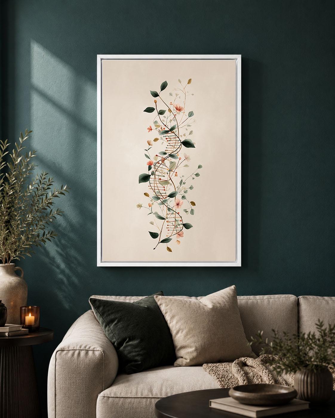 Floral DNA Framed Canvas, Genetics Science Wall Art, Botanical Double Helix Artwork, Biology Laboratory Decor, Geneticist Gift