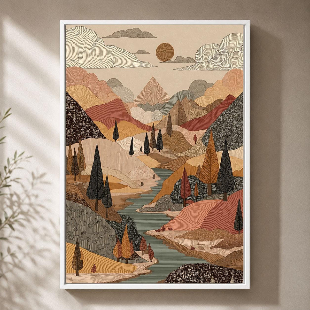 Folk Art Framed Canvas, Mountain Landscape Wall Art, Autumn River and Forest Artwork, Earthy Bohemian Nature Home Decor