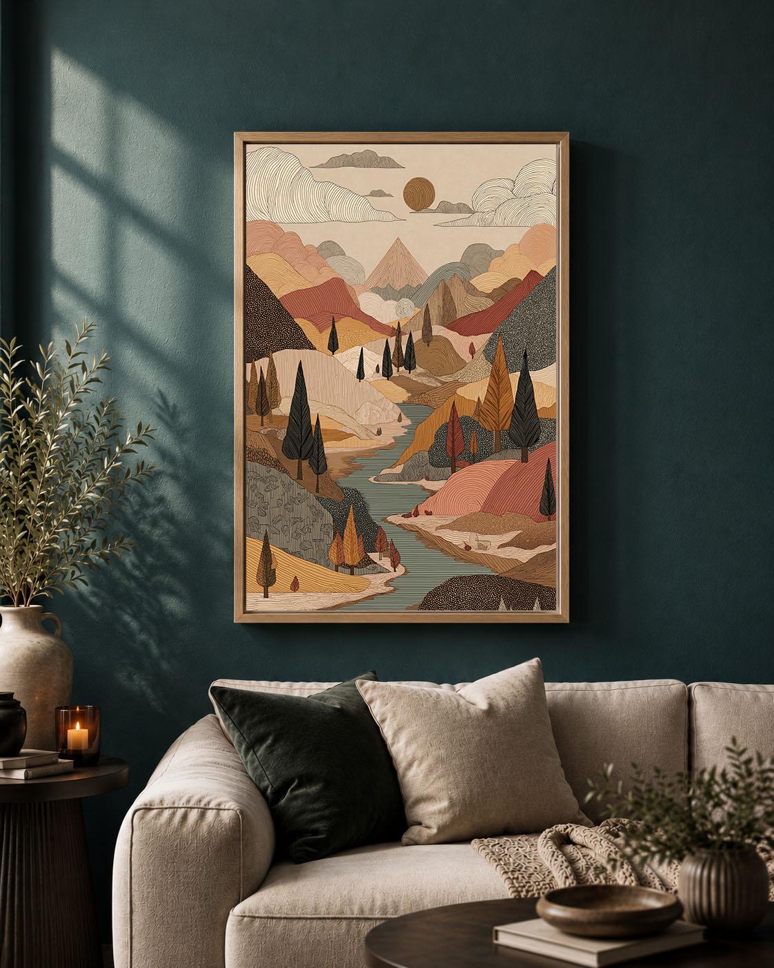 Folk Art Framed Canvas, Mountain Landscape Wall Art, Autumn River and Forest Artwork, Earthy Bohemian Nature Home Decor