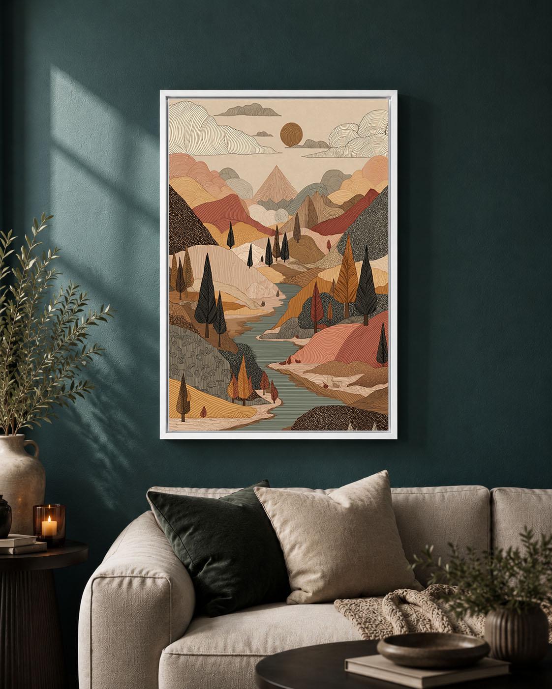 Folk Art Framed Canvas, Mountain Landscape Wall Art, Autumn River and Forest Artwork, Earthy Bohemian Nature Home Decor