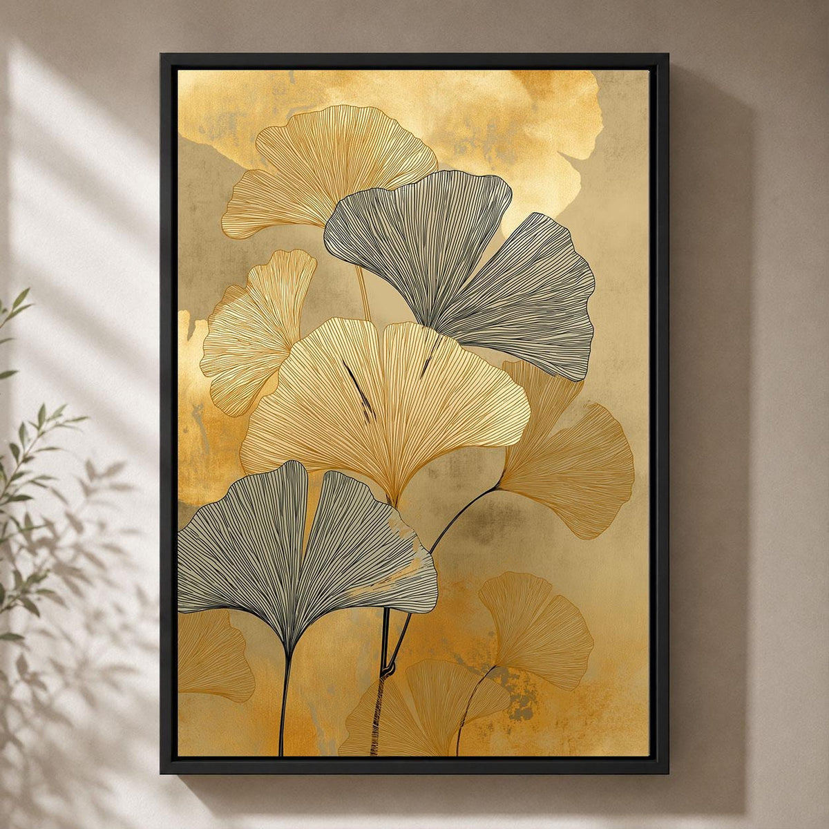 Gold Ginkgo Framed Canvas, Elegant Botanical Wall Art, Black and Gold Leaf Artwork, Art Deco Inspired Luxury Home Decor