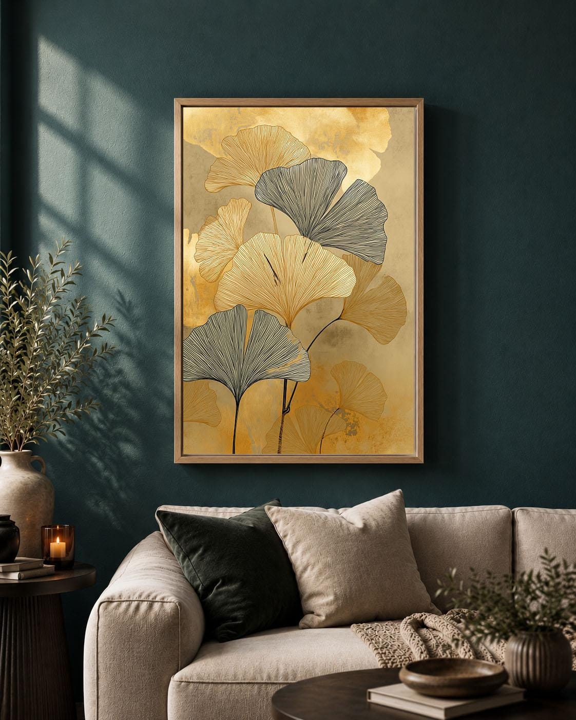 Gold Ginkgo Framed Canvas, Elegant Botanical Wall Art, Black and Gold Leaf Artwork, Art Deco Inspired Luxury Home Decor