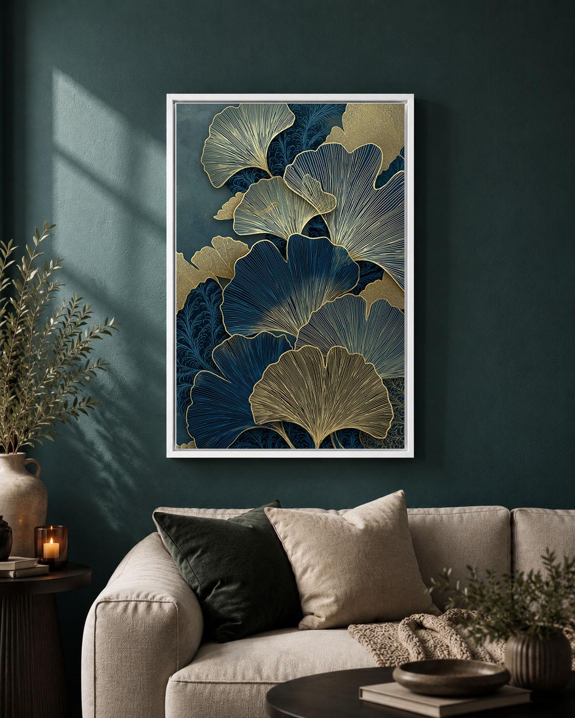 Blue and Gold Ginkgo Elegant Botanical Art Deco Leaf Framed Canvas