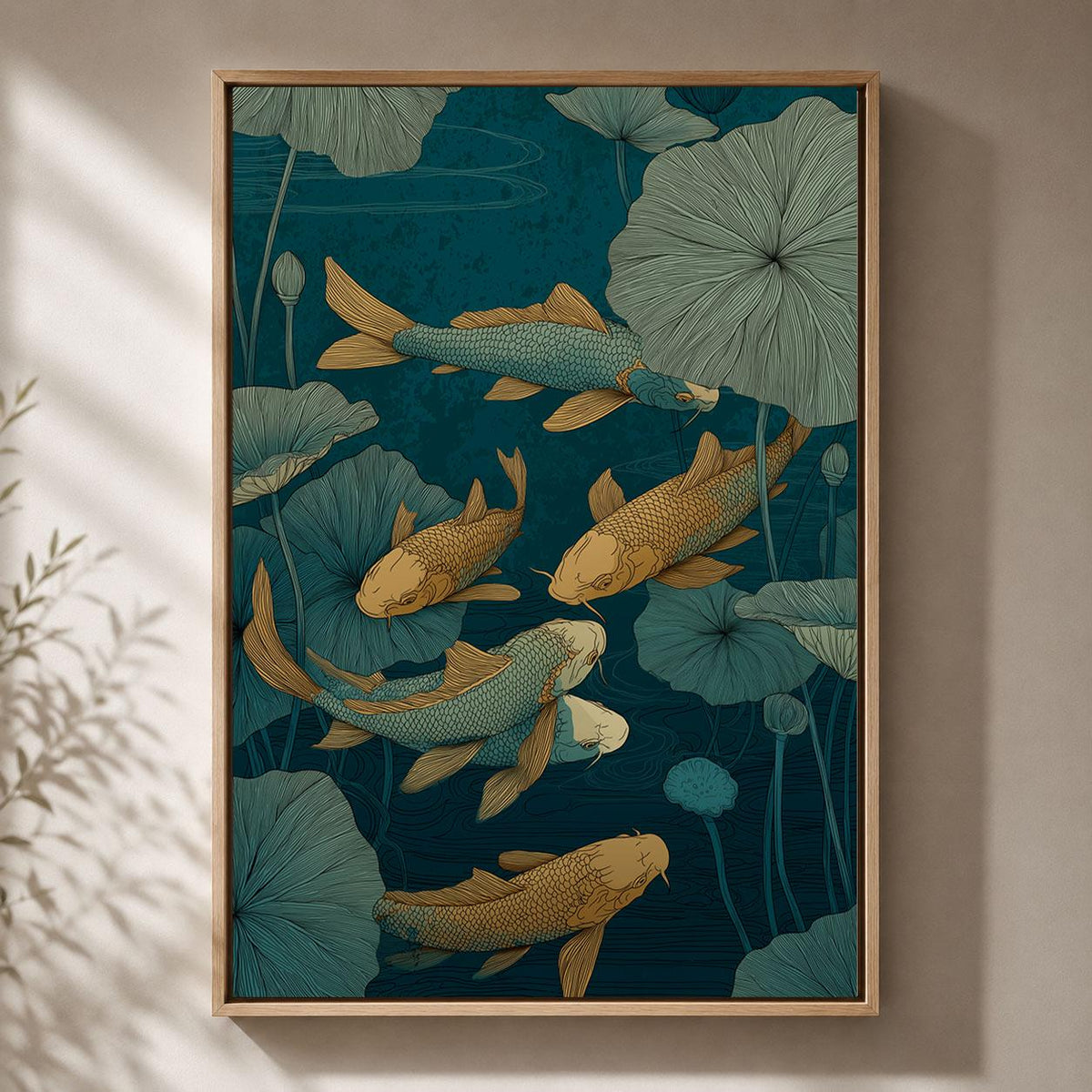 Koi Fish Japanese Pond Blue and Gold Lotus Oriental Framed Canvas