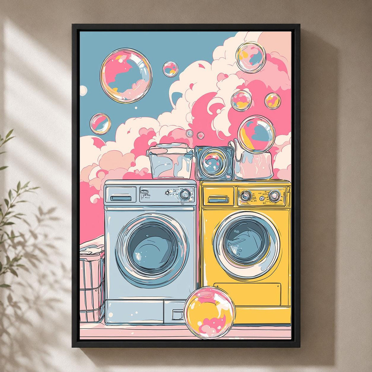Colourful Laundry Room Pink & Blue Washing Machine Fun Retro Utility Room Framed Canvas