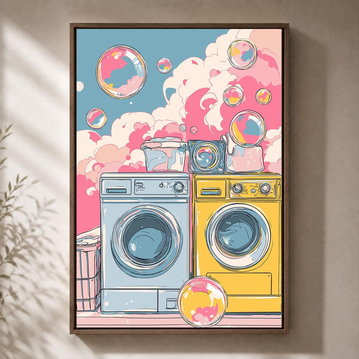 Colourful Laundry Room Pink & Blue Washing Machine Fun Retro Utility Room Framed Canvas
