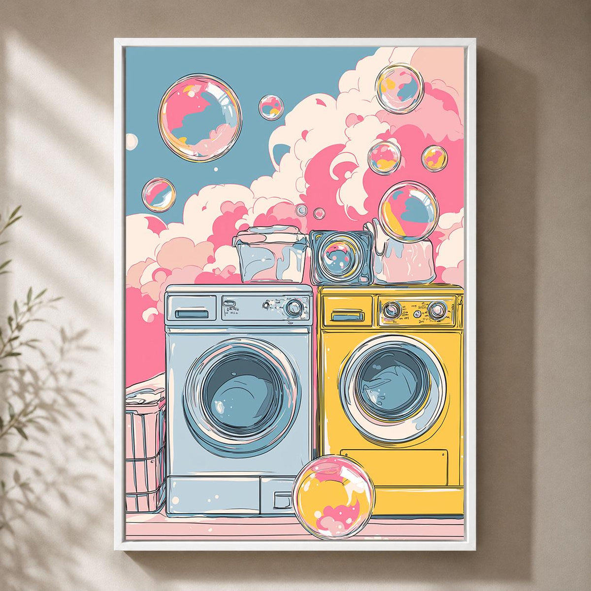 Colourful Laundry Room Pink & Blue Washing Machine Fun Retro Utility Room Framed Canvas