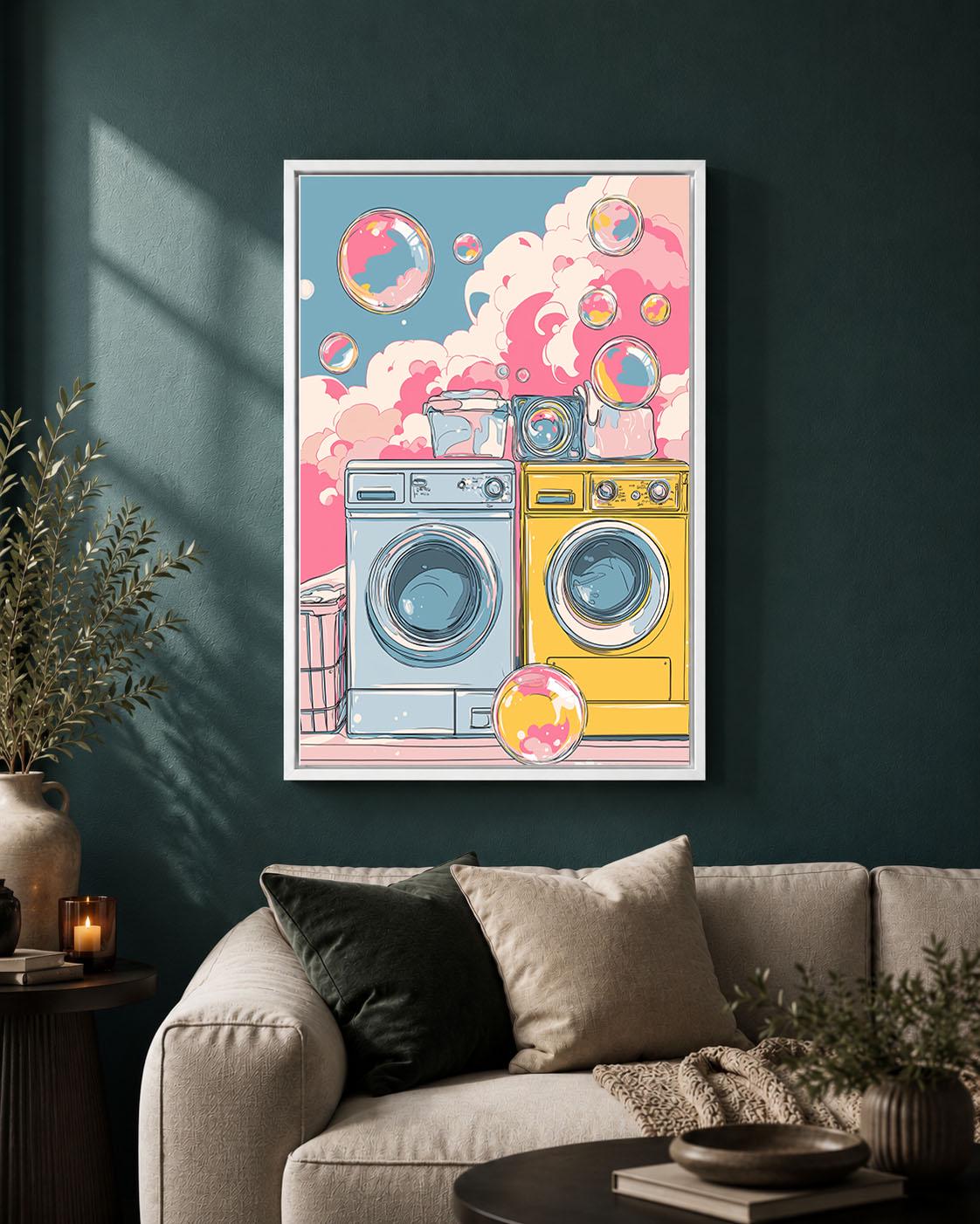 Colourful Laundry Room Pink & Blue Washing Machine Fun Retro Utility Room Framed Canvas