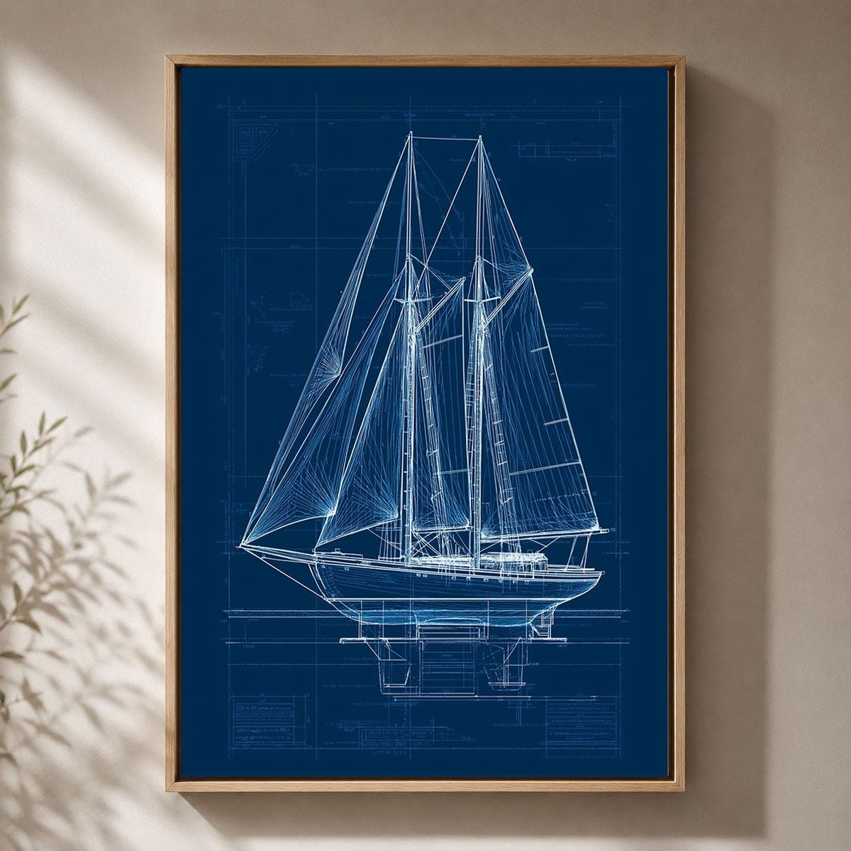 Sailboat Blueprint Navy Blue Nautical Sailing Boat Technical Drawing Framed Canvas