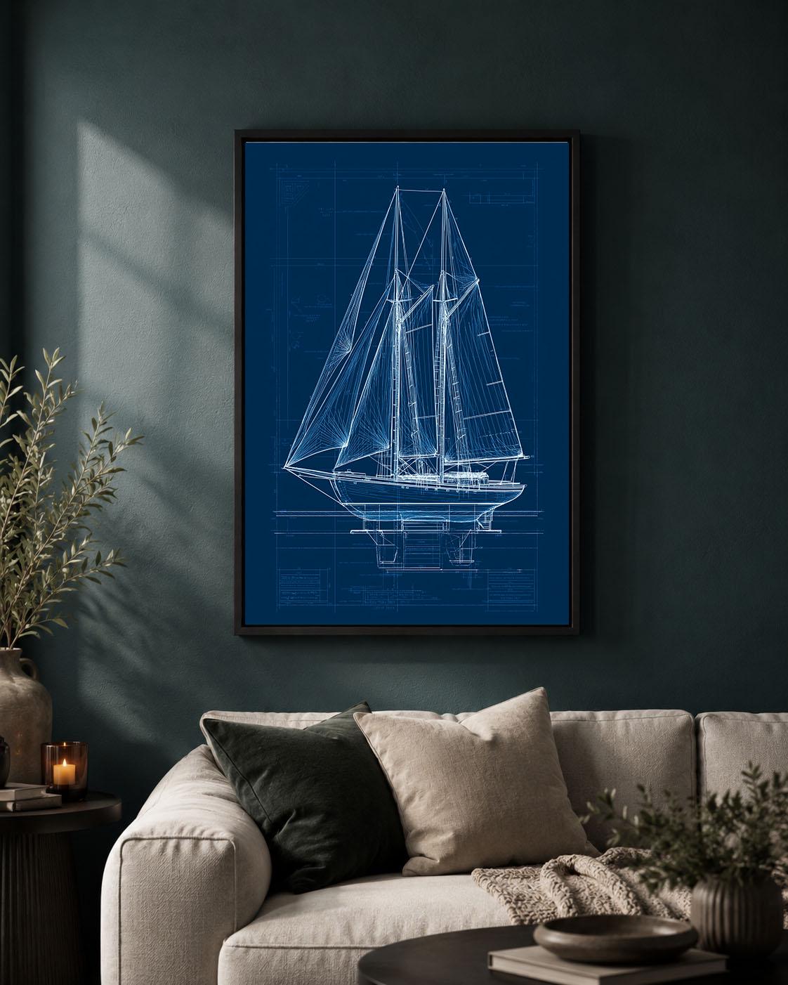 Sailboat Blueprint Navy Blue Nautical Sailing Boat Technical Drawing Framed Canvas