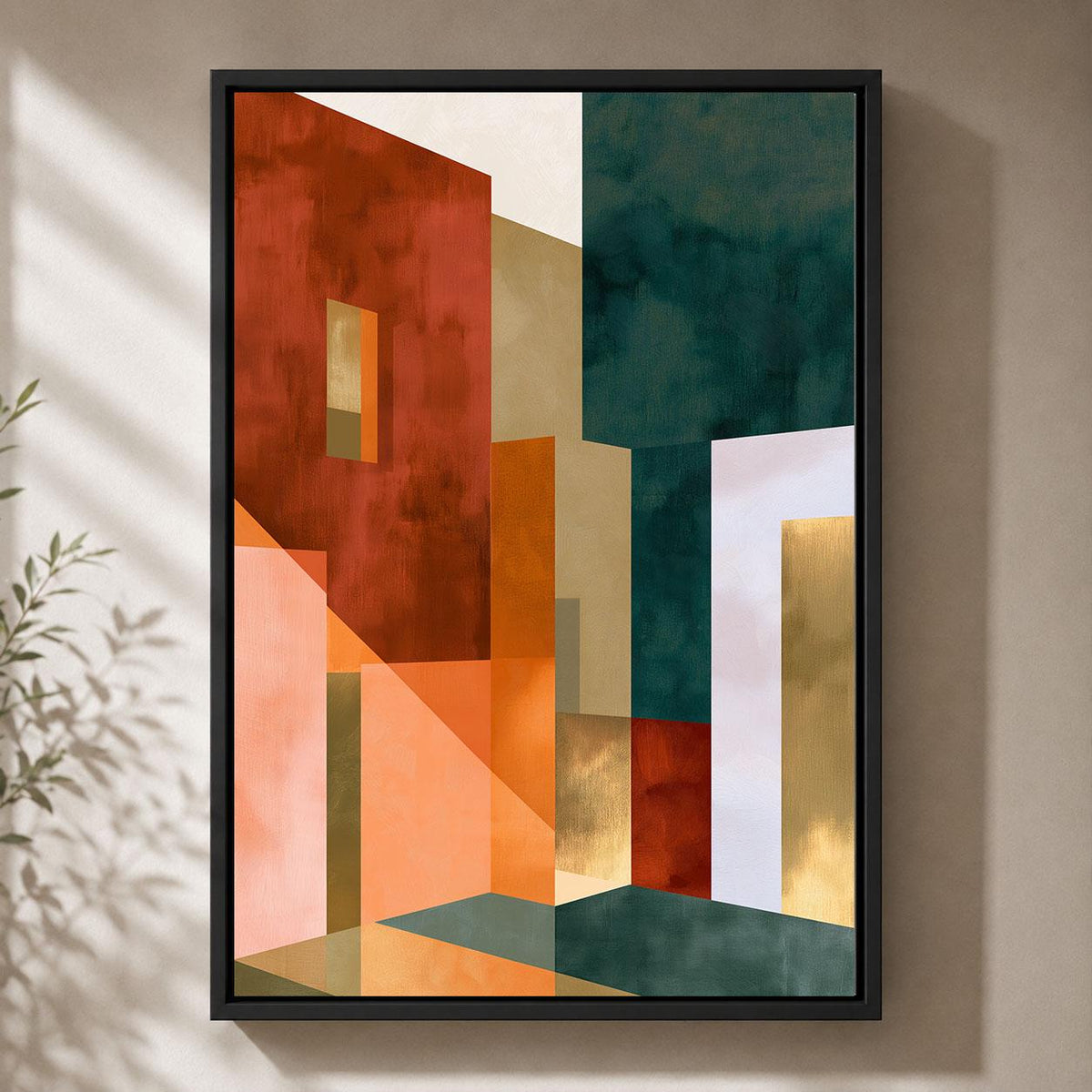 Neo Deco Geometric Abstract Orange Green and Gold Framed Canvas