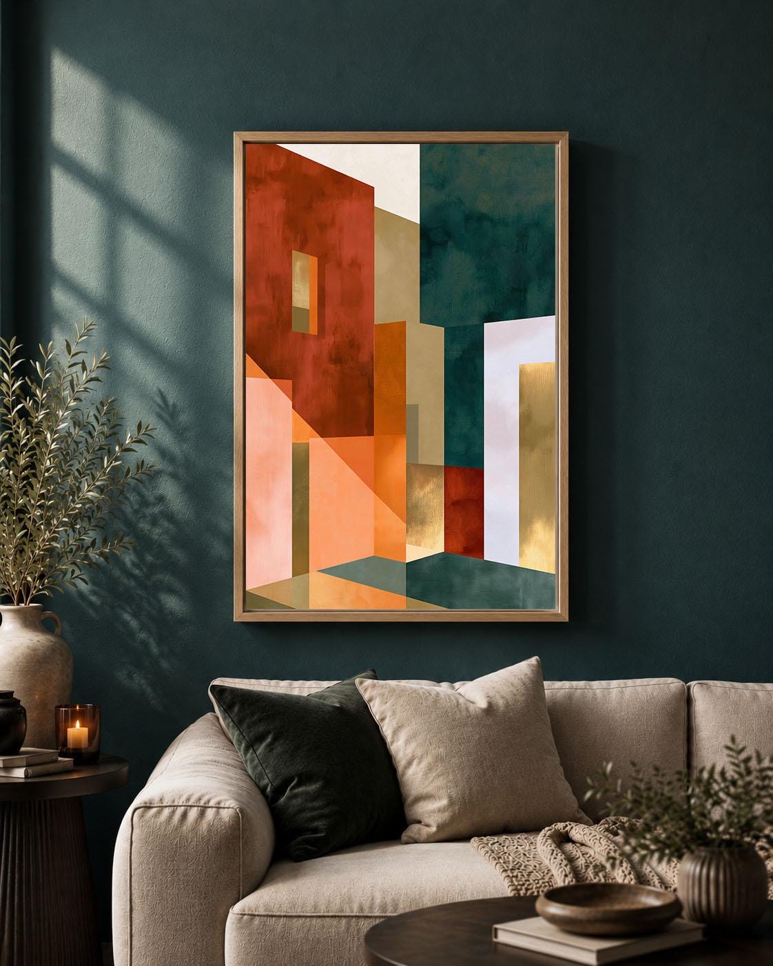 Neo Deco Geometric Abstract Orange Green and Gold Framed Canvas