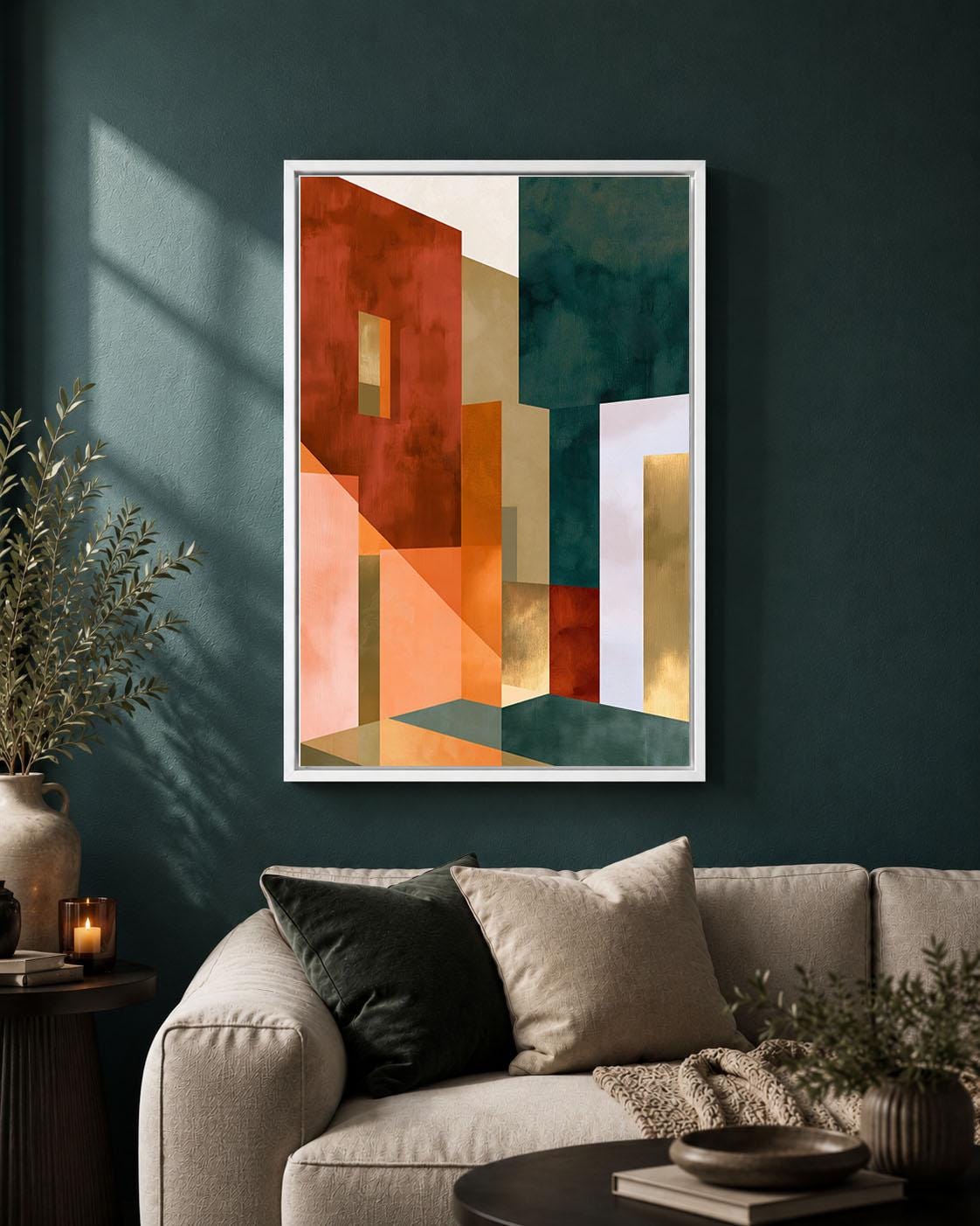 Neo Deco Geometric Abstract Orange Green and Gold Framed Canvas