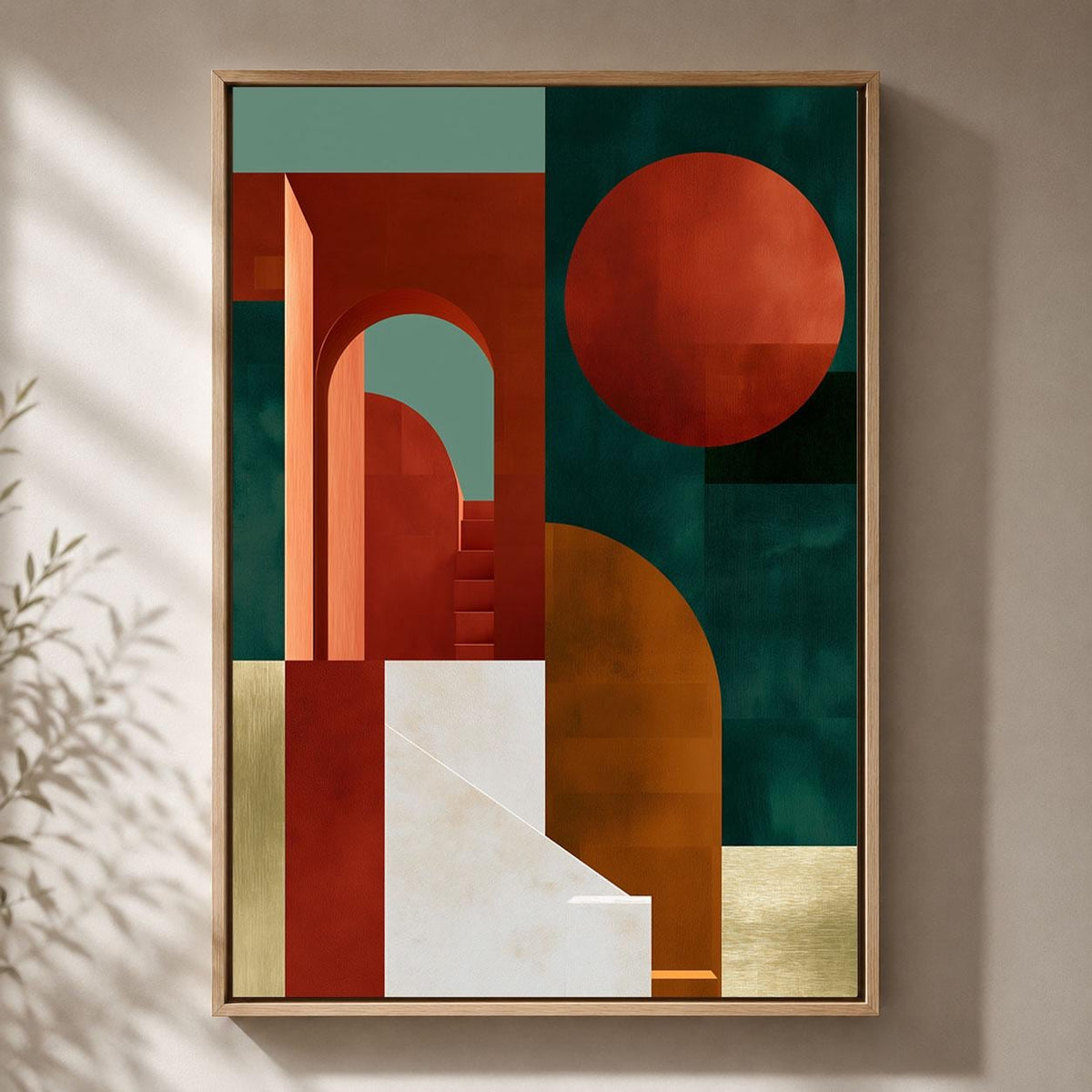 Neo Deco Geometric Arch Rust Orange and Green Abstract Framed Canvas
