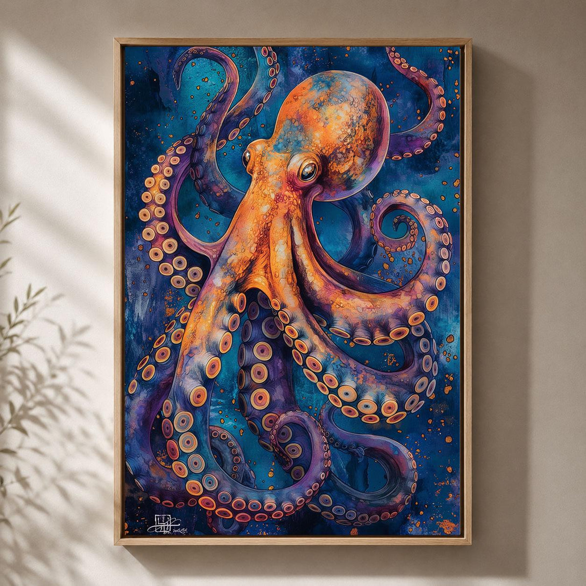Colourful Octopus Blue & Orange Sea Life Maximalist Ocean Framed Canvas