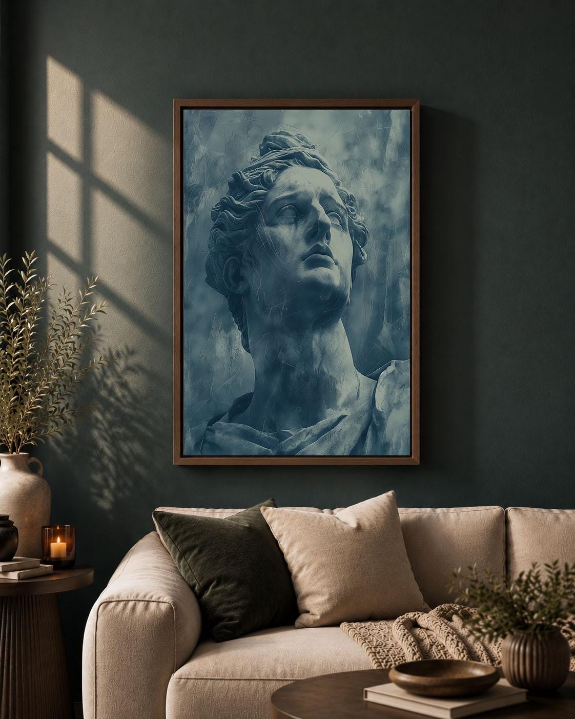 Classical Statue Blue Patina Sculpture Antique Greco Figure Framed Canvas