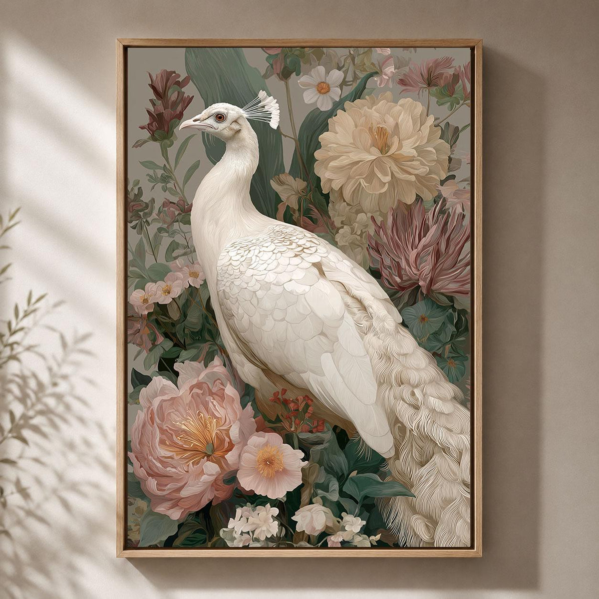 White Peacock Elegant Floral Blush Pink Botanical Vintage Framed Canvas