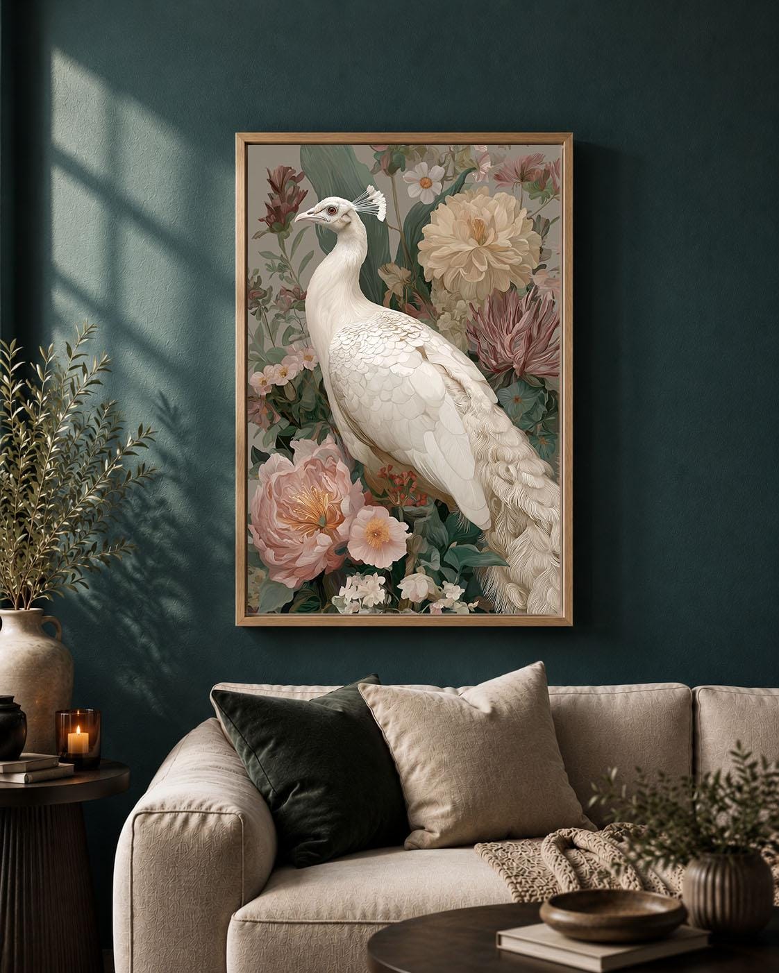 White Peacock Elegant Floral Blush Pink Botanical Vintage Framed Canvas