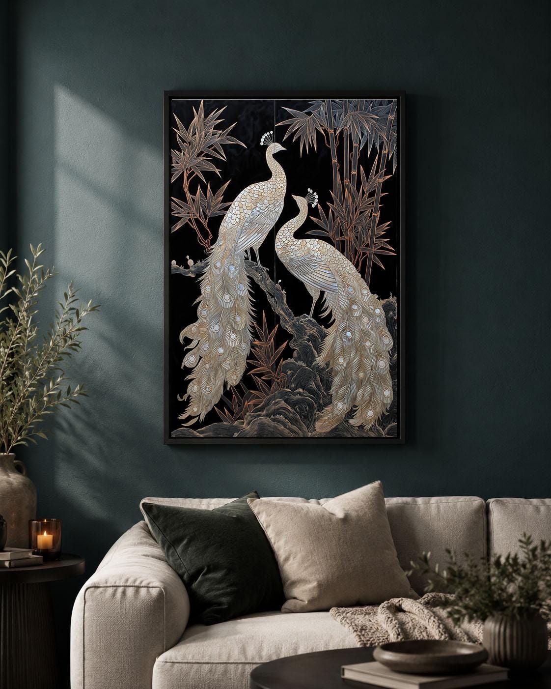 White Peacock Black and Gold Elegant Chinoiserie Oriental Framed Canvas