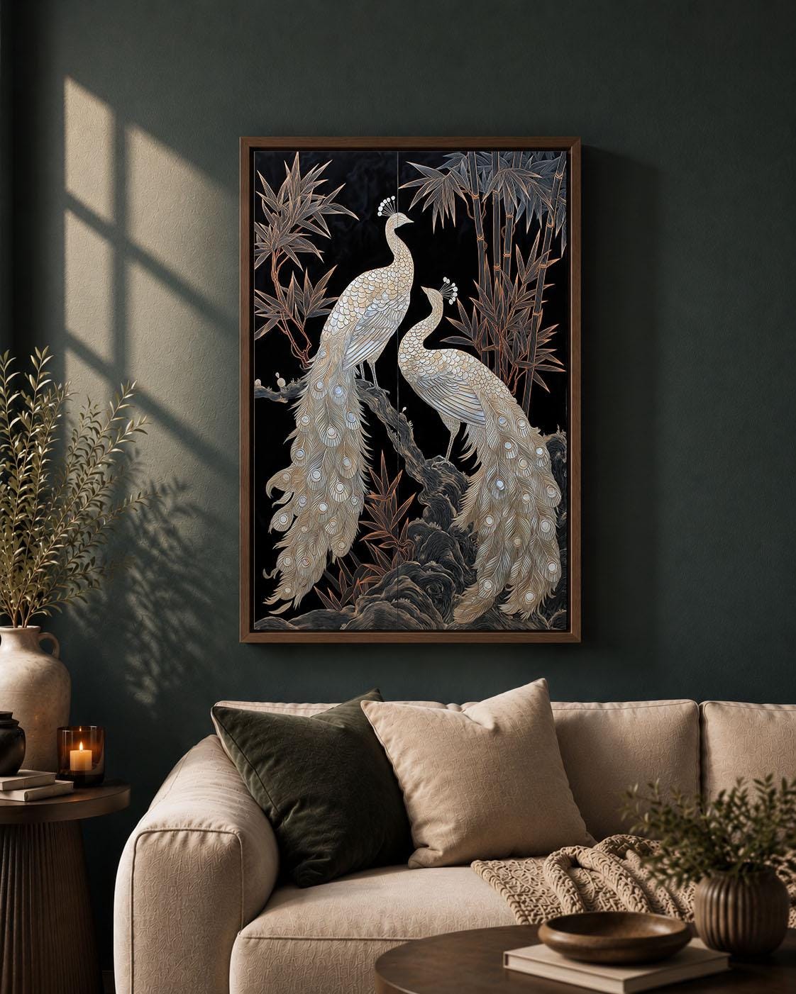 White Peacock Black and Gold Elegant Chinoiserie Oriental Framed Canvas